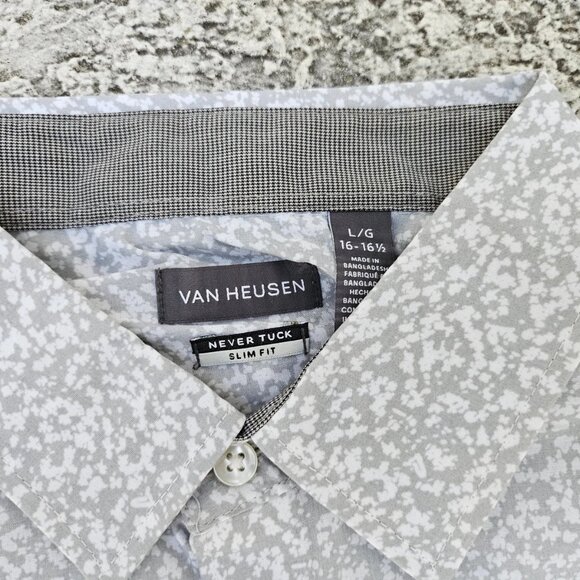 Van Heusen Men Shirt Short Sleeve Slim Fit Never Tuck White/Gray Size L/G NWT - Picture 5 of 10